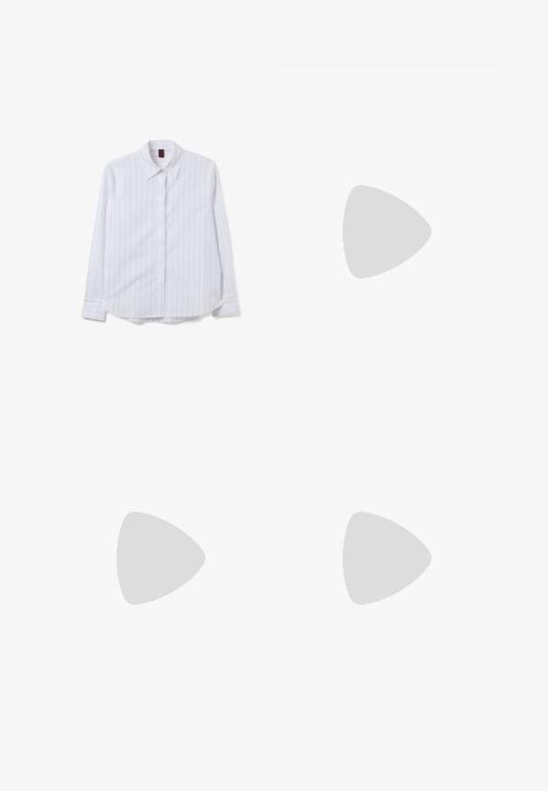 White long-sleeve shirt with thin vertical stripes, button-up front, and a classic collar. Smooth fabric with a slight sheen and curved hem.; Wide-legged trousers in a light cream color. Made from a smooth fabric with pleats at the front and side pockets.; Blue suede sandal with two straps and an adjustable back. Thick cream-colored rubber sole with textured detailing and logo accent.; Black rectangular sunglasses with dark lenses, glossy plastic frames, and gold accents on the temples. Minimalist design and sleek shape.