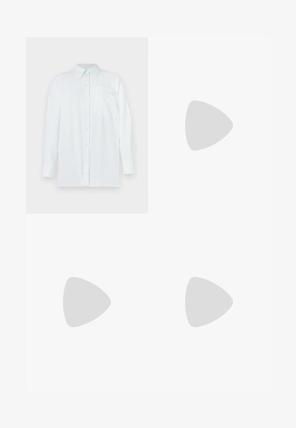 Gaiši zils krekls ar apkakli, garām piedurknēm un krūšu kabatu. Audums izskatās gluds ar vieglu tekstūru; ar dzeltenām pogām.; Gaiši zili plats kāju džinsi ar augstu jostasvietu, piecu kabatu dizainu un metāla pogas aizdari. Izgatavoti no denima auduma ar gludu tekstūru.; Bālā rozā krāsā baleta kurpes, kas izgatavotas no gludas materiāla, ar noapaļotu purngalu, elastīgu aizmuguri un mazu melnu papēdi.; Baltā ādas rokassoma ar izliekta formu, kas aprīkota ar sudraba trīsstūrveida logotipu un rāvējslēdzēju. Gluda tekstūra un divi rokturi.