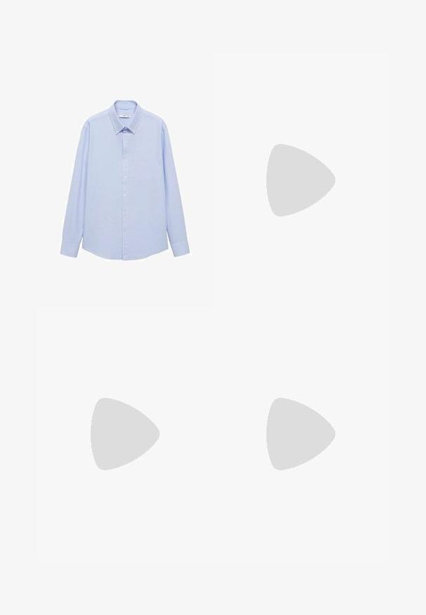 Mango Camicia - light blue; Pacchetto di tre t-shirt: una nera e due bianche. Ognuna ha un colletto rotondo, maniche corte ed è realizzata in morbido cotone.; Pantaloni blu navy con design a vita piatta, realizzati in tessuto morbido. I dettagli includono due tasche laterali e una chiusura con zip e bottone.; Scarpa da dress in pelle marrone con dettagli di broguing intricati, punta rotonda e tacco piatto. Presenta cinque occhielli per i lacci e una superficie liscia.; Occhiali da sole neri e argento con forma a occhio di gatto, lenti sfumate e dettagli metallici sulla montatura. Aste in plastica con punte grigie.