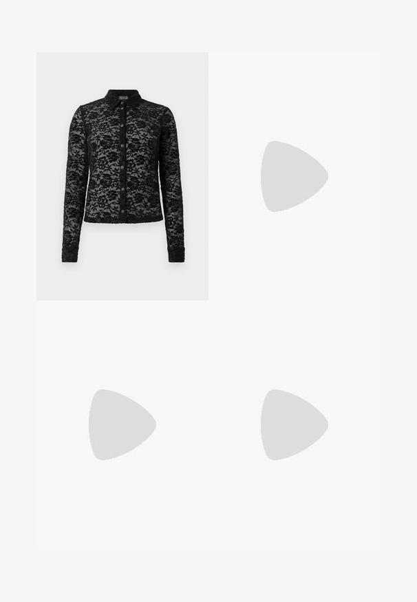 Black long-sleeve lace blouse with floral pattern, button-down front, collar, and Versace Jeans Couture label inside the collar.; Black flared pants featuring a smooth texture, tailored waistband, and front pockets, designed with a sleek, modern silhouette.; Black leather sandal with a woven strap detail, flat sole, and a sleek design. Smooth texture and minimalistic profile.; Black leather crossbody bag with two front pockets, gold buckles, zipper closure, and a slim strap. Textured surface and compact rectangular shape.