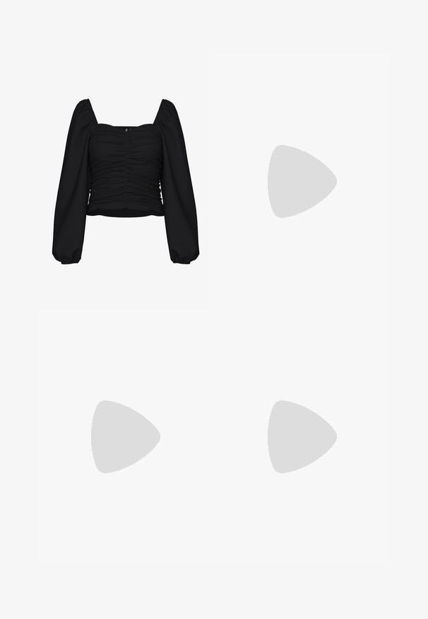 Melnā saīsinātā blūze no teksturēta auduma, ar kvadrātveida kakla izgriezumu, ručiem un garām pūkām ar elastīgiem aprocēm.; Platās kājas bikses tumši pelēkā audumā, ar augstu jostasvietu, ar vienu uzpūstu vīli un gludu tekstūru ar tīru apdari ap malām.; Melni ādas sandales ar norādītu pirkstu, mazu kaķa papēdi un dekoratīvu mezglu detaļu priekšā. Gluda tekstūra visā virsmā.; Melnā mākslīgās ādas rokassoma ar krokodila rakstu, savilkta augšdaļa un saburzīta siksna. Izskatās mīksta un kompakta pēc dizaina.