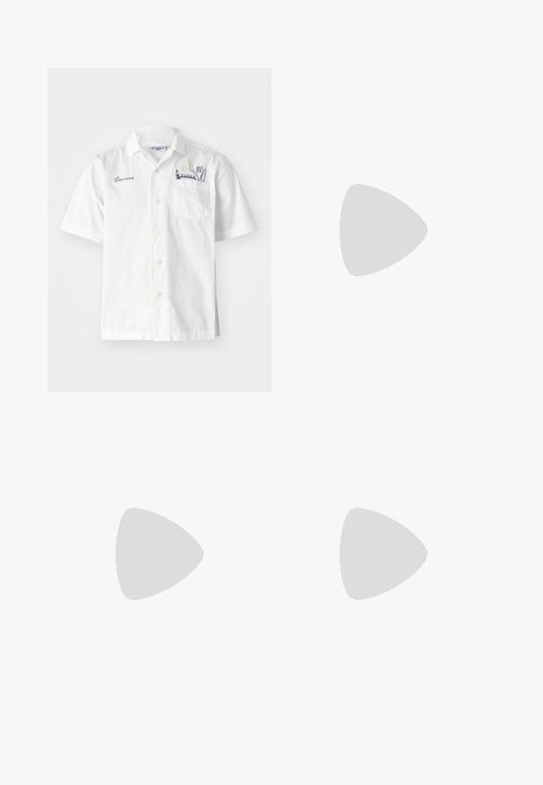 Short-sleeve white shirt made of cotton, featuring a chest pocket and embroidered floral design with utensils. "Terrice" is embroidered on the front.; Three white ribbed tank tops made of cotton. Features a crew neck and small black labels near the hem. Available in multiple sizes.; Olive green, high-waisted pants with a straight leg design. Made of a lightweight fabric, featuring front pleats and a button closure.; Black leather loafers with a stitched design, tassel detail, and a textured sole, set against a yellow gradient background.