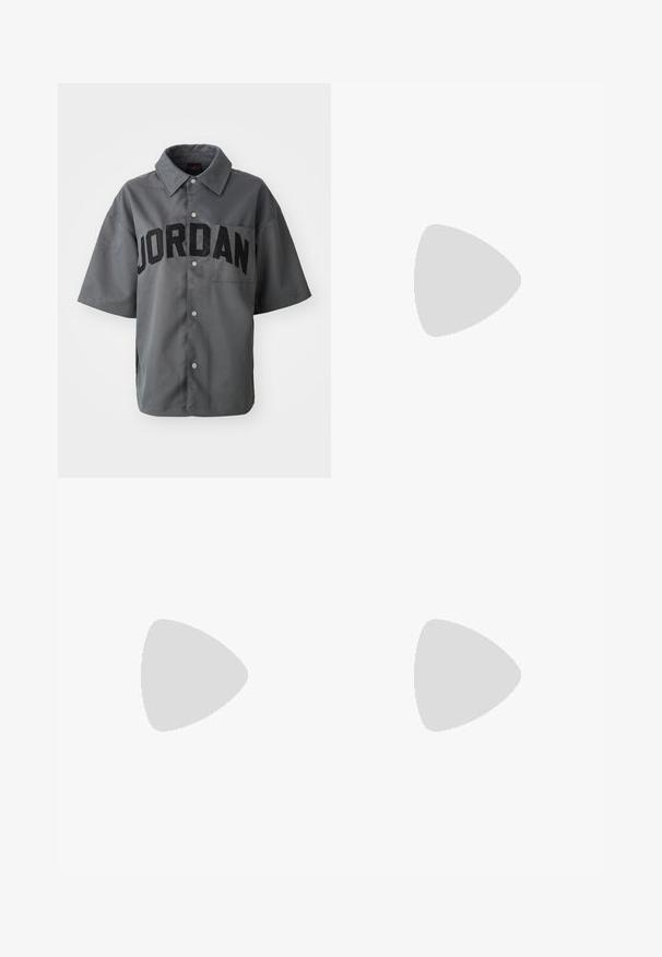 Gray short-sleeve shirt with button closure featuring "JORDAN" in large black letters across the front and a chest pocket. Smooth texture.; White short-sleeve t-shirt made of cotton, featuring a small black heart-shaped logo on the left chest area.; Wide-leg pants in dusty mauve cotton, featuring a front button closure, side pockets, and stitched detailing along the seams.; Light pink sneaker made of suede with navy blue stripes and accents. Features a light cream tongue and laces, with a gum rubber sole.