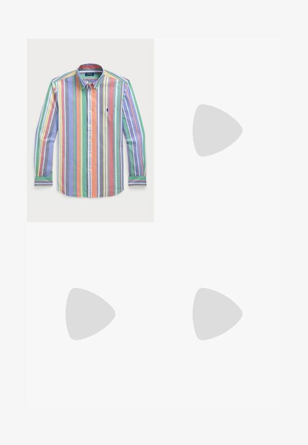 Multicolor striped button-up shirt featuring various widths of stripes in shades of blue, green, orange, and yellow; includes a small logo.; White polo shirt made of cotton, featuring a repeated blue dog pattern and a small blue logo on the chest. Short sleeves and collar.; White cotton chinos with a straight leg design, featuring side pockets, a single button closure, and a smooth texture.; Navy sneakers featuring a combination of suede and fabric, white laces, a rubber sole, and a small logo on the side.