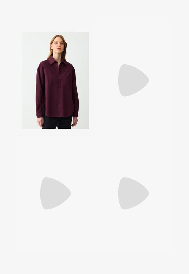 Bordeaux knoopshirt van zachte stof met een kraag, lange mouwen en een borstzak. Bevat zijsplitten en een subtiele textuur.; Zwarte midi rok gemaakt van soepel, lichtgewicht materiaal. Heeft een rechte snit, geen zichtbare hardware en een eenvoudig ontwerp zonder patronen.; Bruine en bordeauxkleurige sneaker van suede en mesh materiaal, met drie crèmekleurige strepen, een gemêleerd stof op de tong en een rubberen zool.; Gevlochten bruine leren handtas met ronde vorm, dubbele bovenhandvaten en een gladde textuur; kenmerken subtiele stitching voor ontwerpdetaillering.