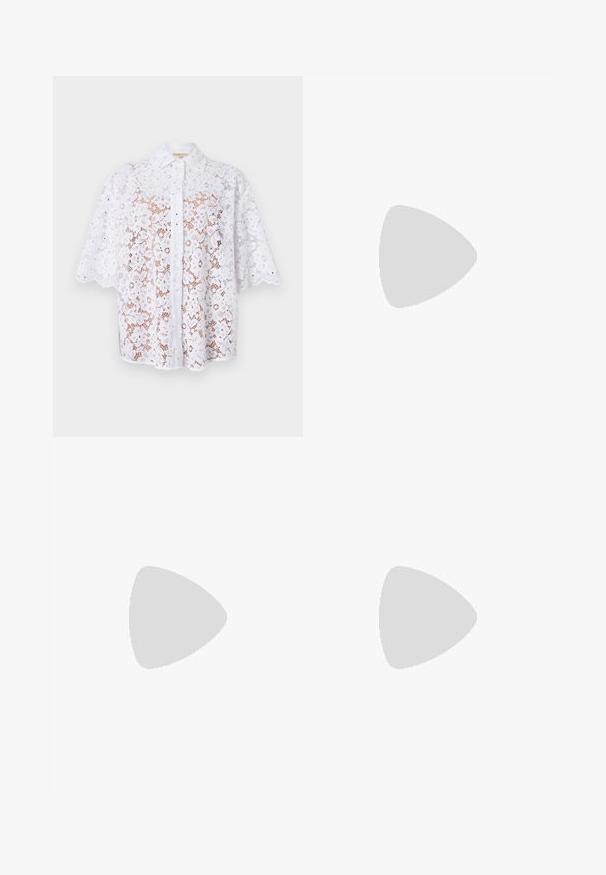 White lace blouse with a collared neck, short sleeves, floral patterns, and scalloped edges, featuring button closures down the front.; White lace skirt with floral pattern, scalloped hem, and discreet embellishments. Features a fitted design and concealed back zipper.; Black leather slingback shoe with a pointed toe, featuring a woven accent and pleated upper design. Flat sole with minimal hardware.; Black leather handbag with a structured design, top handles, and a detachable crossbody strap. Features a metallic lock and logo detail.