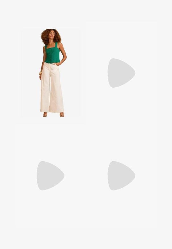 Green linen crop top with square neckline, button closure, and frill hem. Paired with high-waisted cream wide-leg trousers.; Brown satin midi skirt with an elastic waistband, smooth texture, and a straight silhouette, designed for a relaxed fit.; Beige suede ankle boot with a pointed toe, scalloped design, pull tab, and a stacked heel, featuring a textured sole for grip.; Tortoiseshell sunglasses with brown lenses, sleek oval shape, and glossy finish. Features subtle silver accents on the frames.; Fringe crossbody bag in creamy suede with a flap closure and gold hardware, featuring a textured surface and adjustable strap.