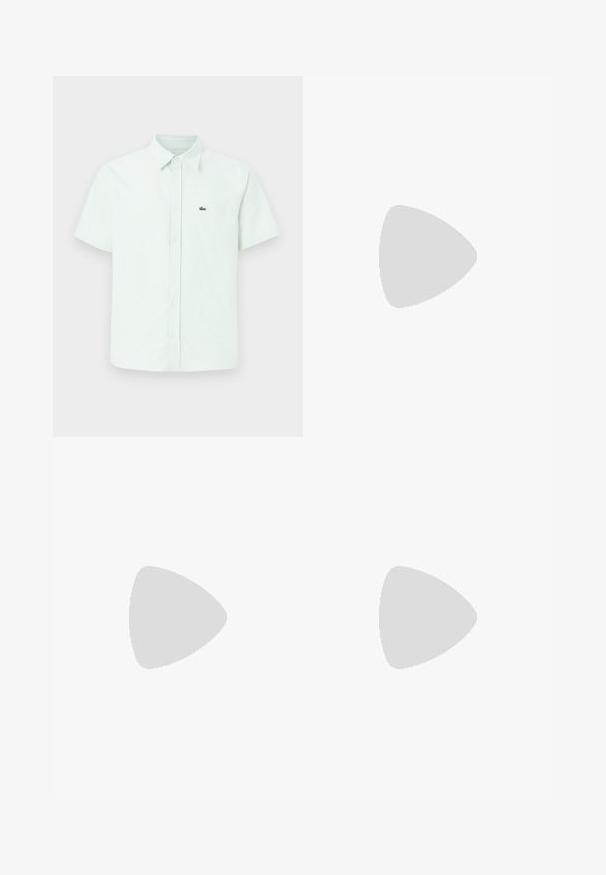 Camicia a maniche corte con bottoni di colore verde chiaro, con righe verticali bianche e una tasca sul petto. Presenta un colletto e il logo Lacoste.; Pantaloni da bagno neri realizzati in tessuto leggero, con vita elastica e cordino, e un dettaglio grafico bianco sulla gamba sinistra.; Sneaker Lacoste grigie scure in materiale mesh e sintetico, con suola testurizzata e dettagli marroni sul colletto e sul branding.; Marsupio in stampa tie-dye blu scuro con una parte superiore con zip, materiale testurizzato e un logo ben visibile sul davanti.