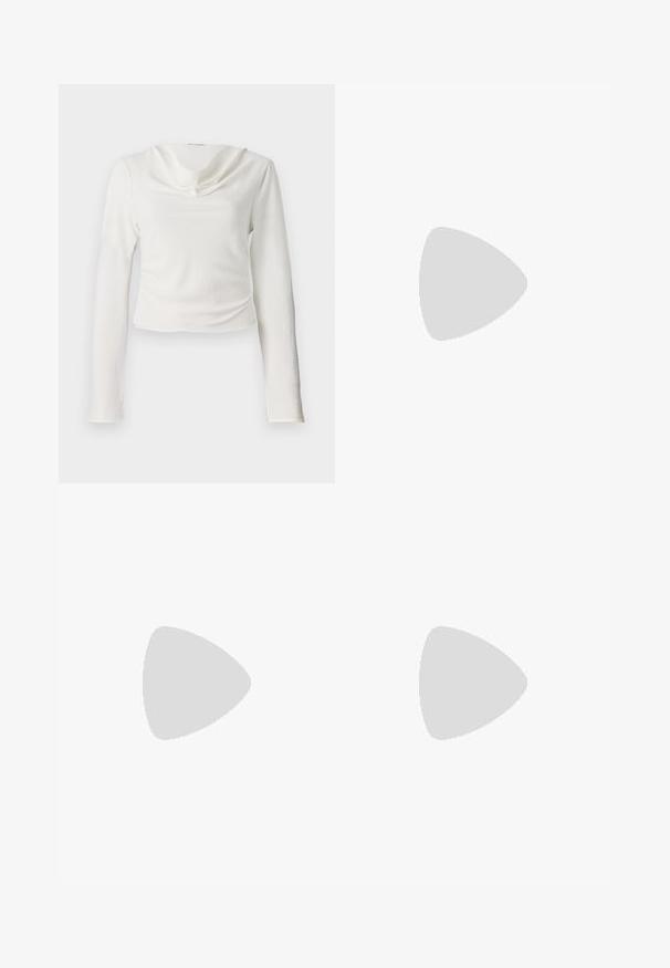 Hvit langermet topp med drapert cowl-utringning, med teksturert stoff og en cropped silhuett, uten synlig hardware eller mønstre.; Vide ben jeans i mørkegrå denim, med en subtil zebra-mønster tekstur, kontrast søm, og fem lommer med knappestol. ; Grå, skreddersydd frakk med rett snitt; kombinert med knehøye svarte lærstøvler med firkantet tå og kraftig hæl.; Svart skinn skulderveske med glatt tekstur, buet form, justerbar stropp og glidelås. Minimalistisk design uten dekorasjoner.