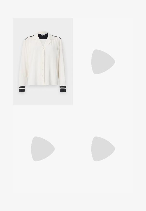 Long-sleeve shirt in cream fabric with a collar, featuring black stripe accents on the shoulders and black-striped cuffs. Five button closure.; Knit white midi skirt featuring a textured pattern with vertical lines and cut-out details near the hem. Elastic waistband. Soft material.; Black leather ballet flat with a rounded toe, smooth texture, minimal stitching detail, and a flexible sole design.; Brown leather handbag with a flap closure, gold-tone hardware, a shoulder strap, and a smooth texture. Compact rectangular shape.