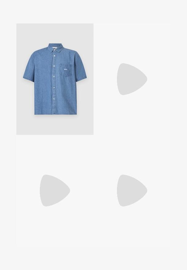 Short-sleeve blue denim shirt with button-up front, collar, and left chest pocket featuring an embroidered logo. Soft texture, casual fit.; Two crew-neck t-shirts in black and olive green, made of soft cotton fabric. The design is simple with short sleeves and a straight cut.; Black athletic pants made of textured fabric, featuring an adjustable waistband, zippered side pocket, and tapered cuffs.; White leather sneakers with a thick cream sole, navy heel accent, and side logo. Smooth texture, minimalist design, featuring lace-up closure.