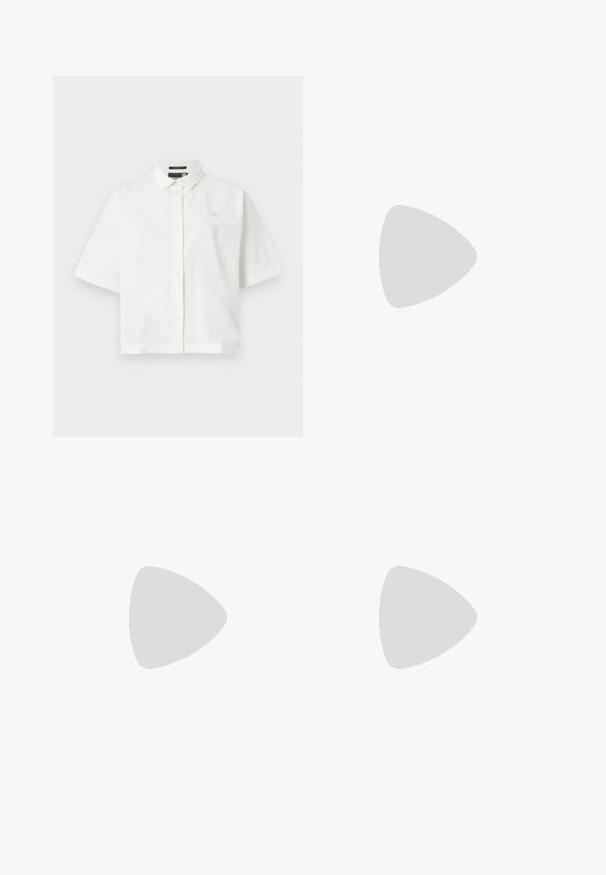 White short-sleeved shirt with a textured fabric, regular collar, and button closure. Small logo on the chest. Relaxed fit design.; Leopard print midi skirt in a silky fabric. Features a smooth texture, neutral beige background with deep brown and black spots.; White leather sneakers with black stripes, gum rubber outsole, round toe, lace-up closure, and soft gray suede toe cap.; Black sunglasses with rectangular frames, blue-tinted lenses, and a distinctive bridge design. Sleek finish, understated texture.