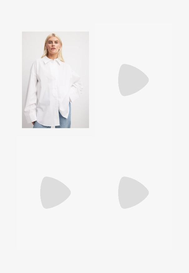 NA-KD WIDE SLEEVE OVERSIZED  - Button-down blouse - white; Light beige linen skirt with a straight silhouette, side slits, and a subtle textured finish. No hardware or embellishments visible.; Black leather loafers with a smooth finish, featuring a stitched detail and a raised strip across the front, resting on a metallic surface.; Black rectangular sunglasses with a thick frame, dark tinted lenses, and a sleek design. The arms have a smooth finish.; Black leather handbag with a curved shape, featuring a prominent gold oval clasp, adjustable strap, and minimalistic design.