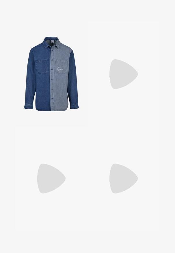 Denim-paita, jossa on tummansininen vasen puoli ja vaaleansininen raidallinen oikea puoli, rinnassa tasku ja logon brodeeraus.; Harmaat puuvillaiset olohousut, joissa on elastinen vyötärö, nauhakuja ja kaksi sivutaskua; suora lahkeiden muotoilu, pehmeä kangas, ilman kuvioita.; Valkoinen nahkainen nilkkuri mustalla pehmustetulla kauluksella, kultaisilla metallisilla rei'illä, valkoisella ompeluksella ja jykevällä kumipohjalla, jossa on selvästi näkyvät urat.; Aurinkolasit, joissa on tyylikäs, vaaleanharmaa muovikehys, ympärille kietoutuva muotoilu, tummat linssit ja sileä pinta. Sivussa on minimaalinen brändäys.
