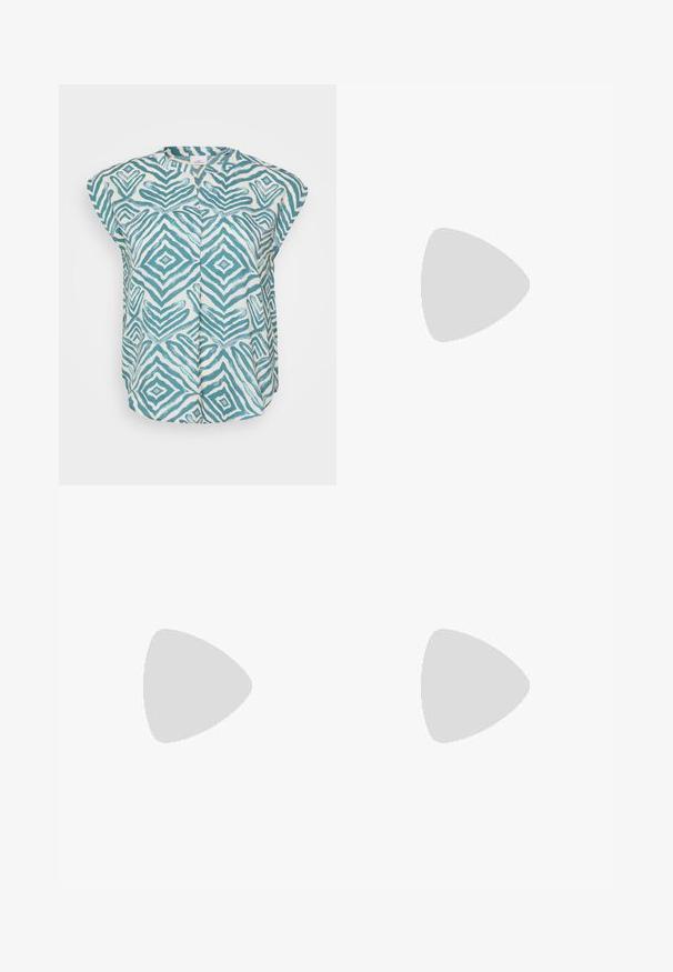 Sleeveless shirt in light cream with teal geometric patterns, featuring a round neck and pleats down the front for added texture.; Brown wide-leg jeans with four pockets, button closure, and belt loops. The fabric has a smooth texture and a solid color without patterns.; Black sandals made of smooth material, featuring three adjustable straps with gold buckles and a flat sole with textured grip.; Cat-eye sunglasses with a tortoiseshell frame and dark lenses. Features metallic accents on the temples, showcasing a distinctive design.