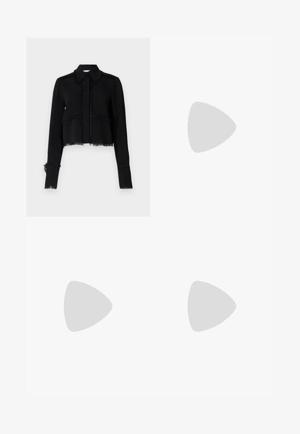 Black cropped jacket featuring frayed edges, long sleeves, a pointed collar, and a button closure in a smooth, lightweight fabric.; Black tailored trousers with a straight-leg design, featuring a smooth texture and crisp creases along the front. No visible hardware.; Black leather slingback heels with a pointed toe, featuring a slim heel and a gold-tone accent on the adjustable strap. Smooth texture.; Black leather handbag with a structured design, featuring a cropped shape, top handle, and gold hardware accent. Adjustable shoulder strap included.