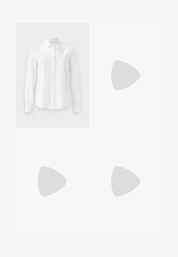 Cămașă albă cu mâneci lungi, realizată din bumbac neted, cu un guler clasic, închidere cu butoane pe față și un buzunar pe piept cu un detaliu de logo.; Pantaloni largi de culoare maronie, confecționați dintr-un material neted, având o închidere cu nasture în față, două buzunare frontale și linii curate, croite.; Pantofii din piele neagră cu curea la spate au vârful ascuțit, prezentând un accent țesut și un design superior pliat. Talpa joasă cu hardware minim.; Geantă de mână din piele maro cu un finisaj texturat, design unghiular și un mâner de sus distinctiv. Prezintă o detaliere a curelei împletite cu un model.