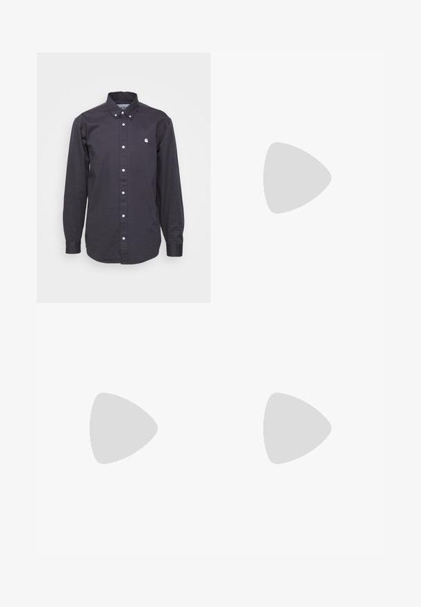 Carhartt WIP MADISON SHIRT - Marškiniai - charcoal; Ilgų rankovių pilkas marškinėliai, pagaminti iš minkštos, lengvos medžiagos, su klasikiniu apvaliu iškirpimu ir paprastu, nepuoštu dizainu.; Tamsios plovimo plačiakojės džinsai, pagaminti iš džinsinio audinio, su sagčių uždarymu, penkių kišenių dizainu ir subtiliu išblukimu audinio paviršiuje.; Juoda odinė lakuota avalynė su apvaliu pirštu, tekstūruota gumine padu ir geltona siūlelių apdaila aplink bazę. Lygus dizainas ir glotnus paviršius.