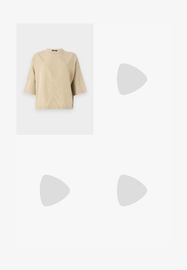 Beige short-sleeve top with a high neckline, relaxed fit, and subtle stitching detail down the front. Made of smooth, lightweight fabric.; Beige wide-leg trousers with an elastic waistband and drawstring, featuring a smooth fabric texture and side pockets.; Buffalo GALACTICA - Trainers - cream; Brown leather crossbody bag with a curved shape, gold hardware, and a buckle accent. Features a detachable shoulder strap.