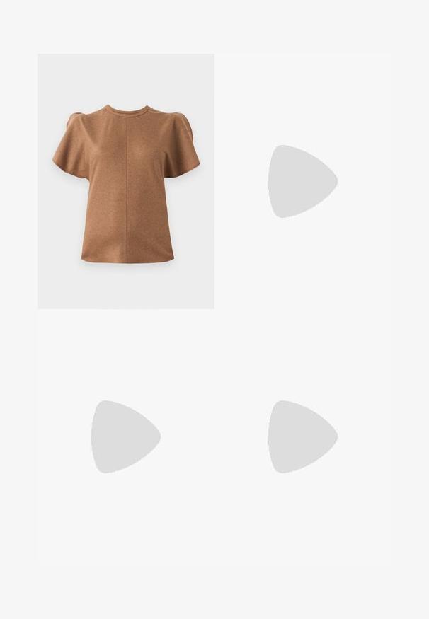 Maglietta corta marrone a maniche corte con scollo rotondo e maniche a palloncino. Realizzata in un materiale morbido, con un dettaglio di cucitura centrale.; T-shirt sportivo arancione a maniche corte, con strisce blu navy sulle spalle e un logo ricamato sulla parte anteriore, realizzato in materiale leggero.; Pantaloni a gamba larga con un motivo a zigzag in vivaci tonalità di arancione e rosa, dotati di cintura elastica e etichetta del logo sul retro.; BOSS Scarpe senza lacci - medium borwn; Foulard viola con un design floreale bianco al centro, circondato da motivi a onde concentriche. Tessuto morbido.