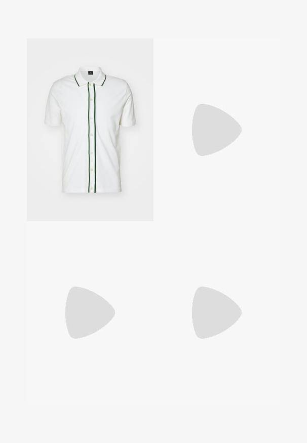 White polo shirt with short sleeves, green trim along the collar and button placket, and cream buttons, made from a smooth fabric.; White cotton sleeveless tank top with a round neckline, featuring a smooth texture and a fitting shape, designed for casual wear.; Skinny fit blue denim jeans with faded wash, paint splatter detailing, distressed patches, and five-pocket design. Red brand label on waistband.; Brown leather lace-up shoes with a glossy finish, black rubber sole, and subtle stitching. Worn with pinstriped brown trousers.