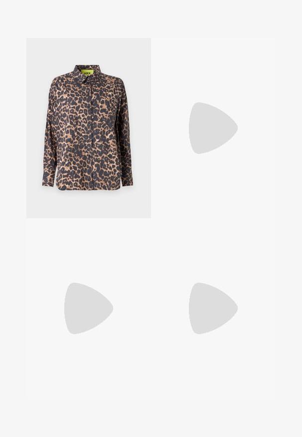 Leopard print shirt in dark and light browns, featuring a button-up front, collar, long sleeves, and a single chest pocket.; Wide-leg denim trousers featuring a light to dark blue gradient, high waist, belt loops, and a matching fabric belt. Textured denim finish.; Black patent leather slingback heels with a pointed toe and a geometric block heel. Features a sleek, minimal design and smooth texture.; Black leather handbag with a curved shape, detachable strap, and gold hardware. The bag features a flap with a buckle detail.