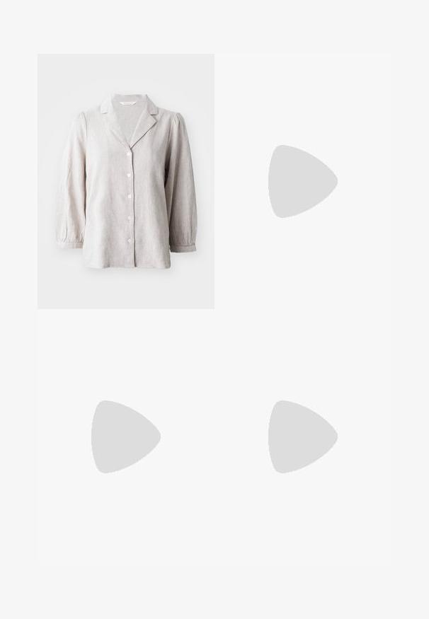 Camicia button-up in lino grigio chiaro con colletto, bottoni frontali e maniche lunghe a sbuffo. Presenta una vestibilità rilassata e un tessuto testurizzato.; Gonna di jeans di colore blu scuro con cuciture a contrasto, cinque passanti per cintura, due tasche frontali e chiusura con bottone argentato.; Sneaker alta in tela bianca con suola in gomma nera, punta in gomma frontale e sei asole per i lacci, caratterizzata da un design pulito e minimalista.; Borsa a tracolla in pelle rossa con un design angolare e geometrico. Presenta una singola tracolla regolabile e una chiusura a patta con dettagli cuciti.