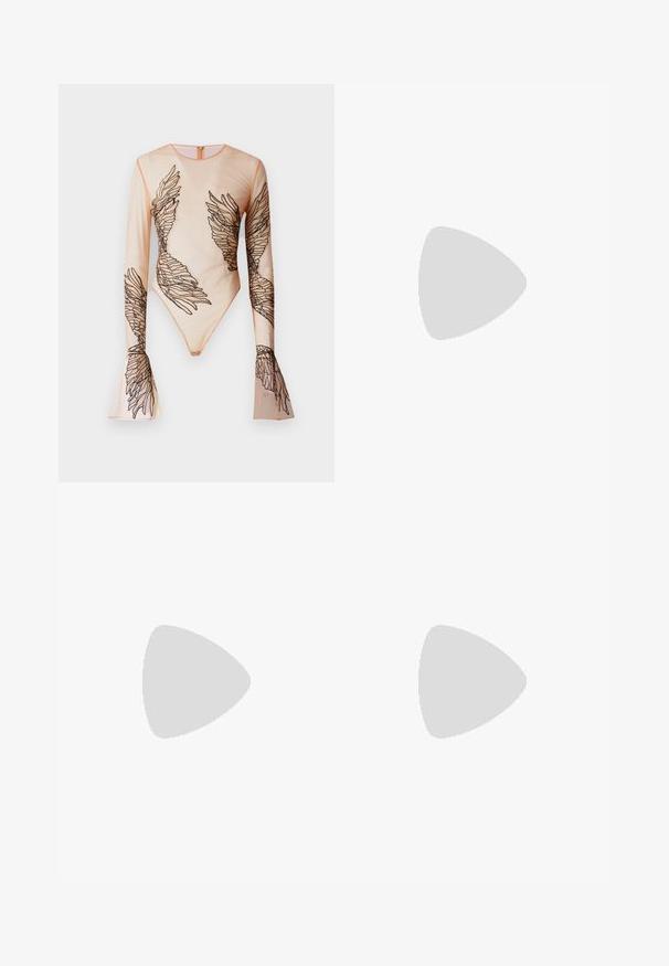 Sheer long-sleeve bodysuit in nude, featuring embroidered black wing designs on sleeves and torso, with a zip closure at the back.; White flared trousers with a smooth fabric texture, featuring two front pockets and a stitched waistband for a fitted look.; Black leather kitten heel with pointed silver toe cap and dual buckle straps on a white background.; Black leather handbag with a curved design, featuring silver studs, a buckle, and two side pockets. Adjustable strap for carrying options.