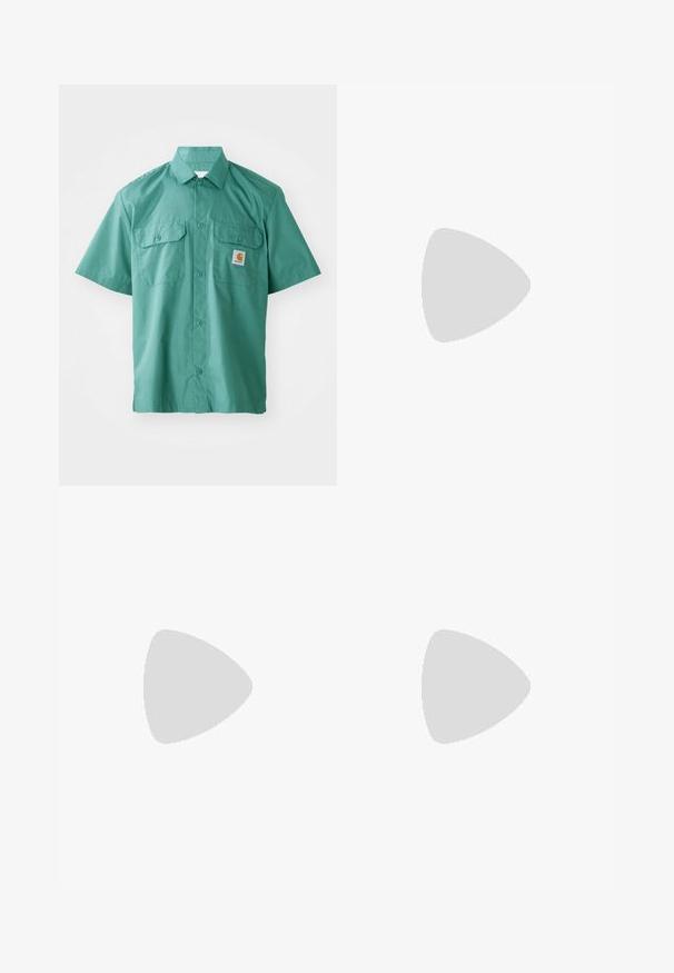 Short-sleeve, button-up shirt in teal fabric with a smooth texture. Features two chest pockets and a small logo patch on the left chest.; White cotton t-shirt with short sleeves and a crew neck; features a small black rectangular Nike Air logo on the left chest.; Light beige wide-leg pants made of cotton. Features front pockets and a button closure. Smooth texture with subtle vertical lines.; White leather sneakers with green Nike logo, round toe, flat sole, paired with light blue denim pants, shown on a blue carpet.