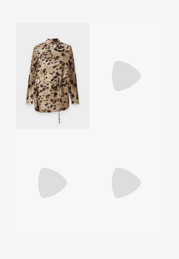 Leopard print long-sleeve blouse in beige satin, featuring a funnel neck, drawstring waist, and a smooth, glossy texture.; Wide-leg blue denim jeans with a high waist, featuring classic five-pocket styling and a button closure, made from textured cotton fabric.; Black leather sandals with gold buckle accents, featuring multiple straps and a flat sole design for open-toe wear.; Black leather tote bag with two long straps, a cinched top, and a gold circular accent. Smooth texture with a minimalist design.