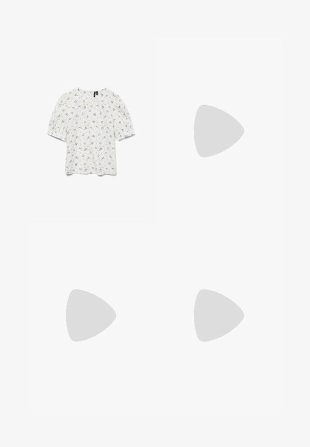 White top with short puff sleeves, featuring a floral pattern in blue and green. Round neckline and lightweight, textured fabric.; Stradivarius WITH POCKETS - Straight leg jeans - dark blue; Black patent heeled sandals with a square toe, ankle straps, and silver buckles. Features a chunky block heel for stability.; Black leather handbag with a curved shape, detachable strap, and gold hardware. The bag features a flap with a buckle detail.