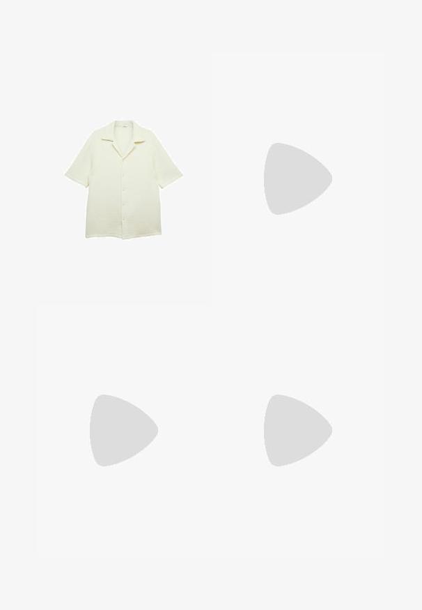 Dobber TOM OVERSIZED STRUCTURE POLO SHIRT - Skjorta - off white; Svarta träningsbyxor med leopardmönster, med en vit design av tre ränder och en atletisk varumärkeslogotyp på sidan.; Krämfärgade lädersneakers med svarta ränder, röda häldetaljer och strukturerade detaljer. Har en gummisula och snörning.; Vita solglasögon med runda bågar och mörka linser. Har en slät plaststruktur och en liten logotyp på skalmen.