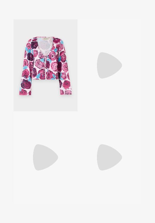 Floral cropped top featuring a pink background with vibrant rose patterns in shades of burgundy and blue, with long bell sleeves and a v-neckline.; Black wide-leg trousers with a smooth fabric, featuring a front button closure and two front pleats. Hem is cuffed. Minimalist design.; Black pointed-toe kitten heel shoe with three small decorative buckles in silver and gold on the side.; Black leather vest with high collar, zippered pockets, and a black quilted handbag featuring a silver hardware accent, worn with a long black skirt.