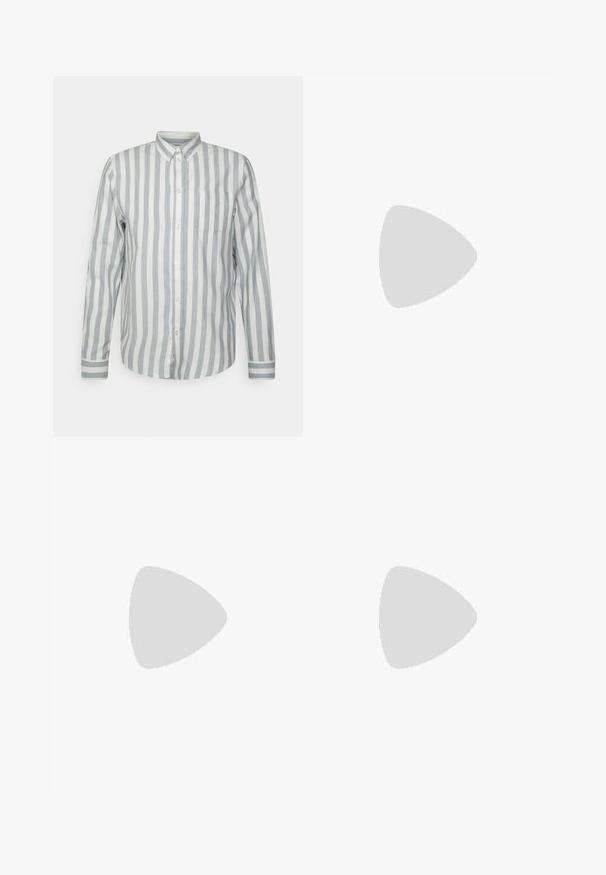 Knapp-up skjorte i lyseblå og off-white striber. Har en klassisk krave, lange ærmer og en brystlomme. Blødt stof, afslappet pasform.; Brune linned bukser med bred benvidde og snor i taljen, der har to sidelommer og et let, tekstureret stof.; Brune læderflip-flop med en struktureret rem, en polstret sål og en sort gummisål. Sidevisning, der fremhæver det slanke design.; Massimo Dutti GEOMETRIC - Solbriller - dark brown