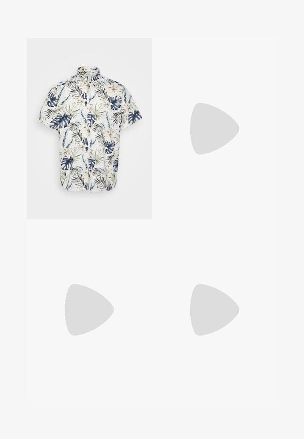 Cămașă cu mânecă scurtă, având un model floral și de frunze tropicale în nuanțe de bleumarin, verde și crem pe un fond deschis; design cu butoni.; Jeans din denim albastru deschis cu croială largă și talie înaltă, având cinci buzunare, bucle pentru curea și o textură moale, ușor decolorată.; Clog-uri negre din piele, cu vârful rotunjit, detaliu cu curea și cataramă, și o talpă din plută, având o talpă din cauciuc texturat.; Geantă de messenger neagră, realizată din material neted, cu un capac pliat, hardware din metal argintiu și o curea pentru umăr ajustabilă.