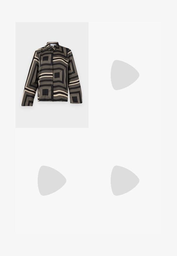 Camicia nera e beige con un motivo geometrico, caratterizzata da maniche lunghe, colletto e una vestibilità ampia con un tessuto morbido e lucido.; Gonna nera con texture a costine, caratterizzata da un fondo trasparente con righe orizzontali. Il design è aderente e si estende fino a metà polpaccio.; Scarpa slingback nera in pelle con punta affusolata e tacco sottile e curvato. Presenta una discreta fascia regolabile con una fibbia in metallo.; Borsa a tracolla nera in pelle con una texture liscia, caratterizzata da un accento in fibbia argentata e una chiusura con zip. Tracolla regolabile per versatilità.