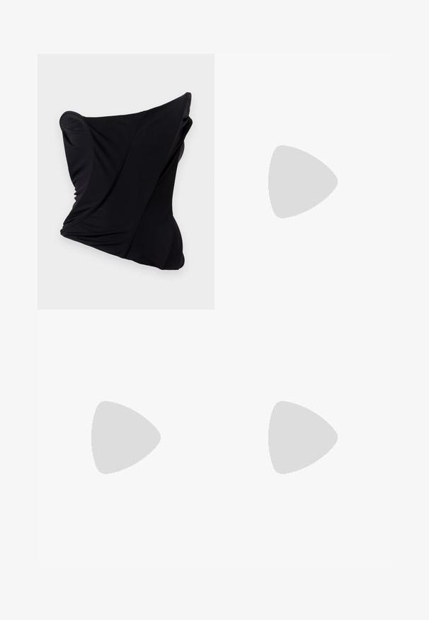 Black fabric pillow with a twisted design, featuring smooth texture and rounded edges, creating a sculptural shape.; Black flared pants featuring a smooth texture, tailored waistband, and front pockets, designed with a sleek, modern silhouette.; Black leather sandals with gold buckle accents, featuring multiple straps and a flat sole design for open-toe wear.; Black leather crossbody bag with two front pockets, gold buckles, zipper closure, and a slim strap. Textured surface and compact rectangular shape.
