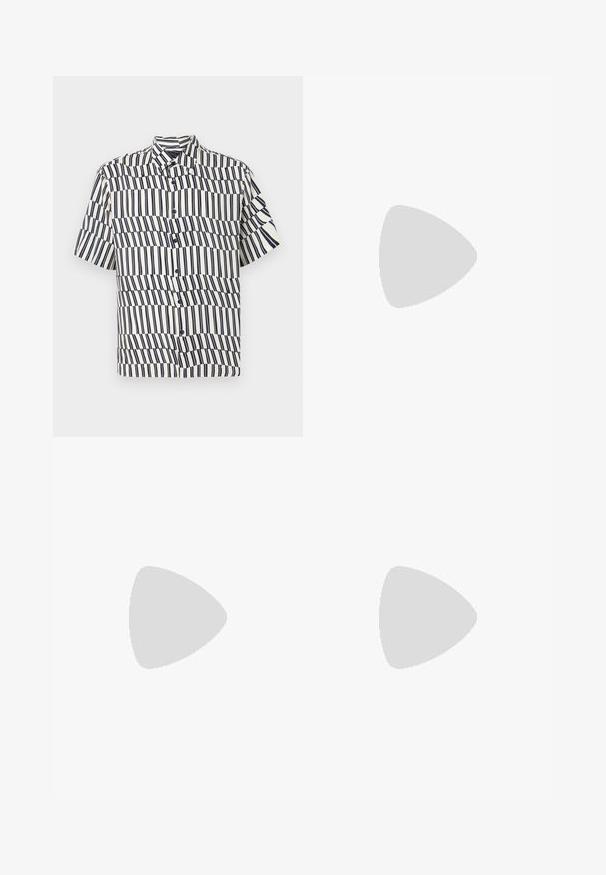 Short-sleeve button-up shirt in cream with navy vertical stripes, featuring a wave pattern, classic collar, and regular fit design.; Beige, cotton blend jeans with a straight leg design. Features a front button and zipper closure, five pockets, and subtle stitching details.; Black leather loafer with a glossy finish, rounded toe, subtle stitching details, and a thick rubber sole for durability.; Black rectangular sunglasses with dark lenses, thick plastic frame, gold accents on temples, and brand logo engraved on the arm.