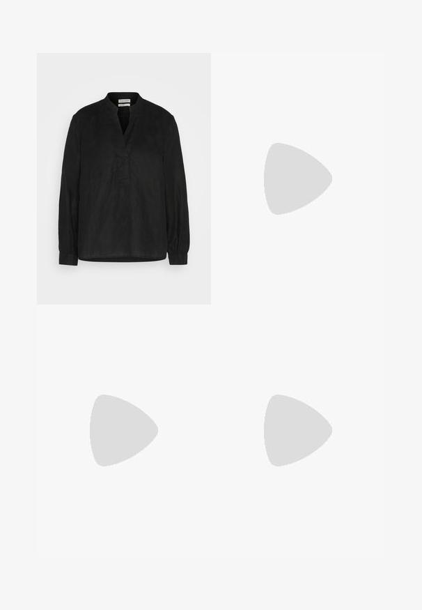 Marc O'Polo BLOUSE STAND UP COLLAR WITH V-NECK LONG SLEEVE - Tunika - black; Blomsterbroderi midi skjørt i krem; har lagd design med gjennomsiktige seksjoner, teksturert blonde og flared kant.; Sorte skinn ballet flats med spiss tå, justerbar stropp og lav hæl; glatt tekstur med minimalistisk design.; Sølv ringøredob med en polert finish, med små gull detaljer og en rund form, båret på øreflippen.