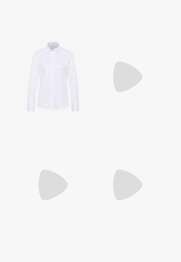 White long-sleeve shirt made of smooth fabric, featuring a classic collar, front button closure, and a tailored fit.; Black mini skirt with a straight cut and slight side slit. Made from smooth fabric, featuring a clean hem and minimalist design.; Black leather heeled mules with a pointed toe, open back, and a low block heel. Smooth texture with minimalistic design.; Black oversized sunglasses with oval lenses, smooth plastic frame, and gold accents on temple. Dark lenses provide sun protection.
