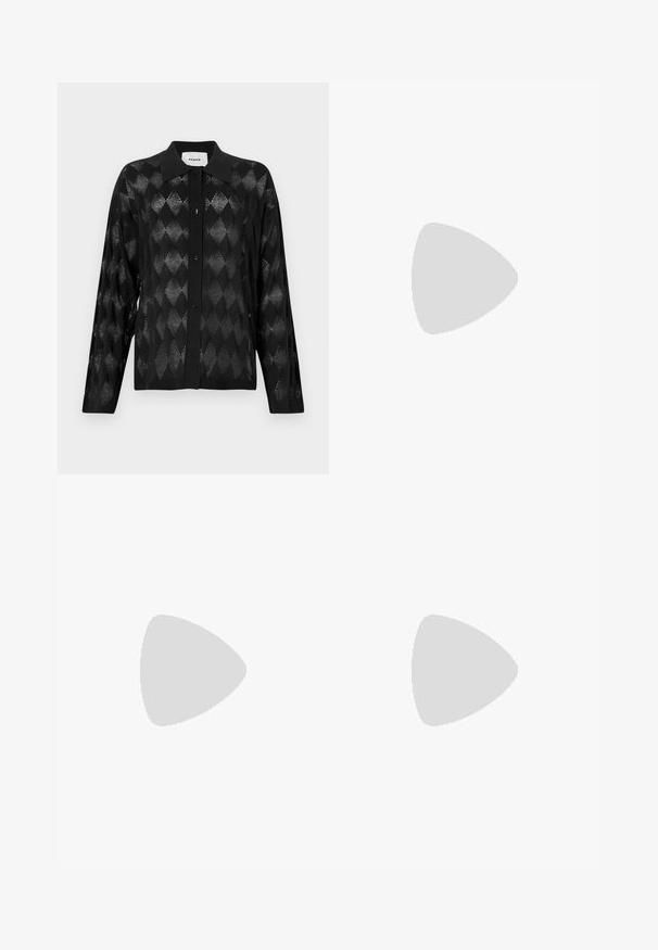 Black cardigan with a diamond knit pattern, long sleeves, and a button-up front. Made of lightweight knit material with a soft texture.; Black faux leather pants with a wide-leg cut, featuring white stitching, front pockets, and a gold button at the waistband.; Black leather ballet flat with a rounded toe, smooth texture, minimal stitching detail, and a flexible sole design.; Brown leather handbag with a flap closure, gold-tone hardware, a shoulder strap, and a smooth texture. Compact rectangular shape.