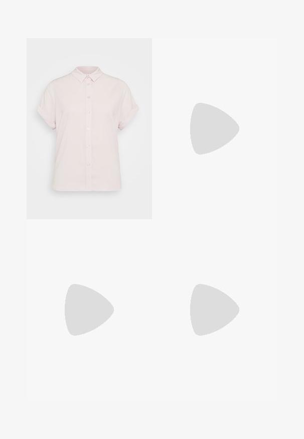 Samsøe Samsøe MAJAN SHIRT - Button-down blouse - lilac snow; Black tailored trousers with a straight-leg design, featuring a smooth texture and crisp creases along the front. No visible hardware.; Beige block-heeled sandals with thin straps and a square toe. Smooth material with minimal detailing, designed for easy wear.; Black leather handbag with a structured design, featuring a cropped shape, top handle, and gold hardware accent. Adjustable shoulder strap included.