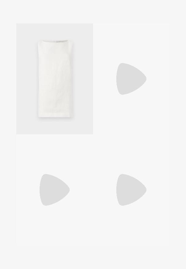 Sleeveless white linen top with a straight cut, boat neckline, and no visible fastenings. Features a soft, textured fabric.; Dark blue pinstriped trousers with a high waist, wide leg design, and no visible hardware or embellishments. Smooth texture and tailored fit.; Black leather ankle boot with a rounded toe, block heel, side zipper, and stitching accents on the vamp. Smooth texture, classic design.; Pink leather clutch bag with a gathered design, metal frame, two round clasps, and a silver chain strap. Smooth texture, compact shape.