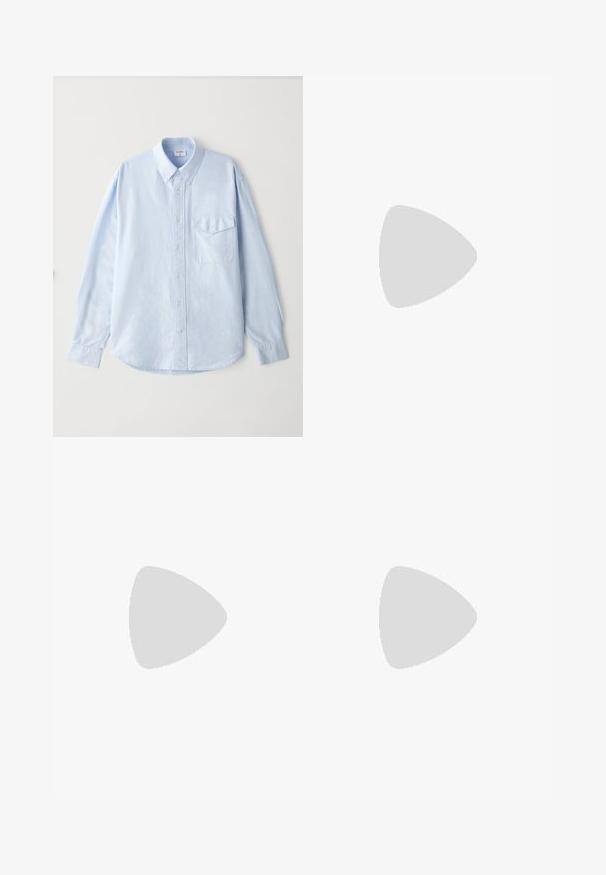 Light blue button-up shirt made of soft fabric, featuring a classic collar, long sleeves, and a chest pocket with a flap.; Filippa K TERRY CROPPED TROUSERS - Trousers - sage melange; White leather sneaker with a smooth finish, round toe, flat laces, and a textured sole. Features a subtle logo on the heel.; Black round sunglasses with dark lenses and slim metal arms. Includes clear temple tips and silver accents at the hinge. Minimalist design.