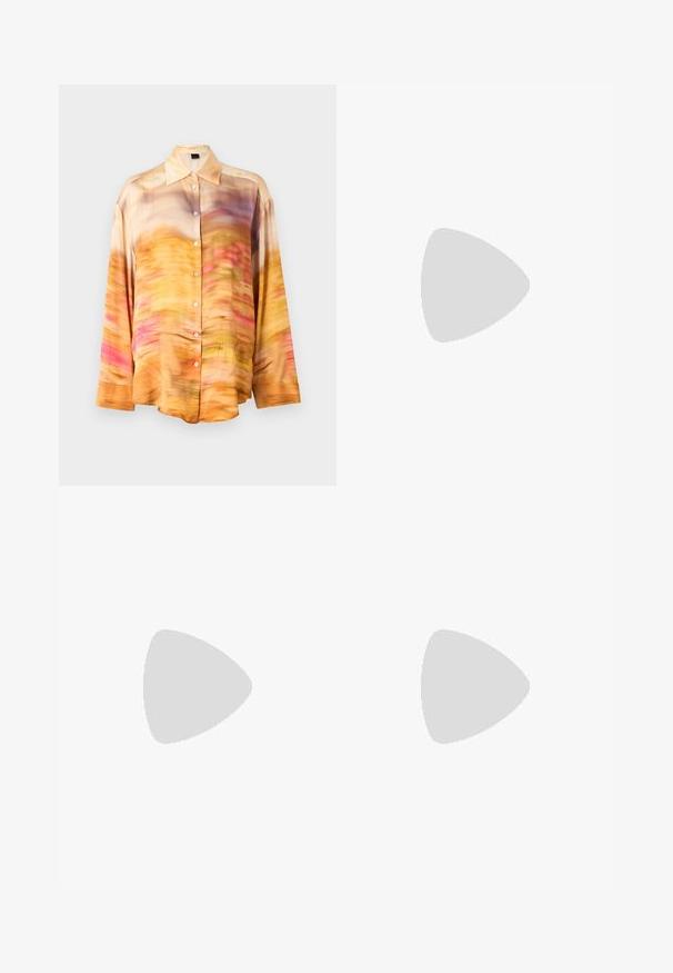 Silk button-up shirt featuring an abstract pattern in shades of orange, pink, and purple with a spread collar and long sleeves.; Black wide-leg jeans made of denim, featuring a high waist, front pockets, and tonal stitching along the seams.; Black leather loafers with a shiny texture, featuring a classic penny strap and a chunky, rugged sole for enhanced grip.; Tortoiseshell sunglasses with rectangular green lenses, wide frame, and thick temples. Features a sleek design and a smooth plastic texture.; Black tote bag with a smooth nylon exterior, featuring long leather straps, a detachable shoulder strap, and a gold logo plaque.