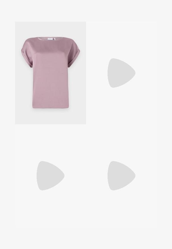 Short-sleeve, round-neck top in soft, light mauve fabric. Features rolled cuffs and a relaxed fit, with a smooth, slightly shiny texture.; Wide-leg trousers in a light beige color, made of a smooth fabric. Features a classic waistband and flat front with clean lines.; Pointed toe slingback heel in a smooth, glossy tan material. Features a curved cutout design and a slender stiletto heel. Silver buckle detail.; Brown leather crossbody bag with a curved shape, gold hardware, and a buckle accent. Features a detachable shoulder strap.