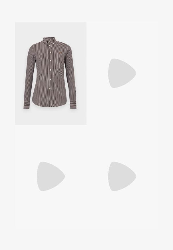 Camisa de manga larga a rayas marrón y crema con cuello abotonado, que presenta un pequeño logo y rayas en contraste en los puños.; Vaqueros rectos de color azul oscuro con cinco bolsillos, cierre de botón y cremallera, y costuras en contraste.; Zapatillas de ante marrón con paneles texturizados, cordones blancos y un logo dorado. Presentan una suela de goma y un collar acolchado para mayor comodidad.; Pendientes de perno esféricos de oro con un acabado pulido y un pequeño poste. Presentan una textura suave y una superficie reflectante.