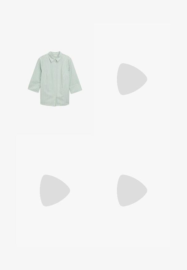 Chemise à rayures vertes et blanches avec un col, des manches trois-quarts et deux poches à l'avant. Tissu doux avec une texture lisse.; Pantalon noir avec une coupe droite, doté de poches avant et d'éclairs sur l'ourlet. Fabriqué en tissu doux et lisse. Convient à diverses occasions.; Soulier à talons hauts type slingback en cuir verni marron foncé brillant, à bout pointu, côtés ouverts et bride de cheville réglable.; Sac à main en cuir noir au design structuré, avec une poignée supérieure et un détail de fermoir en métal doré à l'avant. Texture lisse, couture minimale.