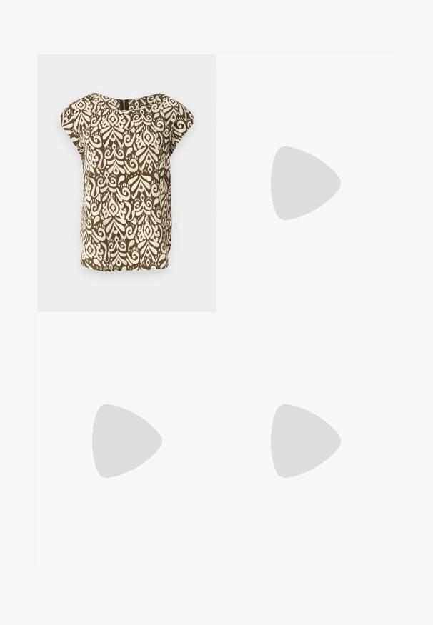 Short-sleeve shirt, olive green with cream abstract pattern, rounded neckline, soft fabric, loose fit, subtle back zipper detail.; Black wide-leg trousers made from a smooth fabric, featuring a high waist, front pleats, and side pockets. Simple design without embellishments.; Black patent heeled sandals with a square toe, ankle straps, and silver buckles. Features a chunky block heel for stability.; Black leather handbag with a curved shape, detachable strap, and gold hardware. The bag features a flap with a buckle detail.