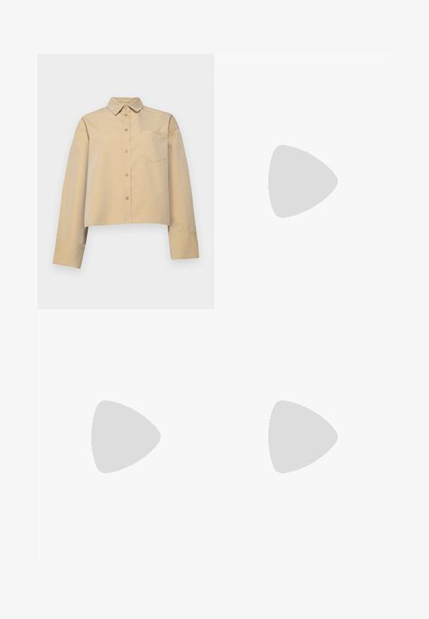 Cropped beige shirt made of cotton blend, featuring a pointed collar, button front, and a small chest pocket with logo embroidery.; Black tailored trousers with a straight-leg design, featuring a smooth texture and crisp creases along the front. No visible hardware.; Black leather slingback heels with a pointed toe, featuring a slim heel and a gold-tone accent on the adjustable strap. Smooth texture.; Black leather handbag with a structured design, featuring a cropped shape, top handle, and gold hardware accent. Adjustable shoulder strap included.